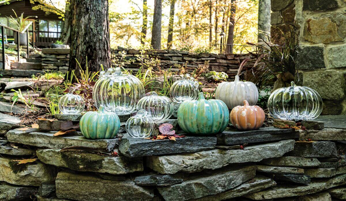 pumpkins galore, including our glass and jade options across a fall setting