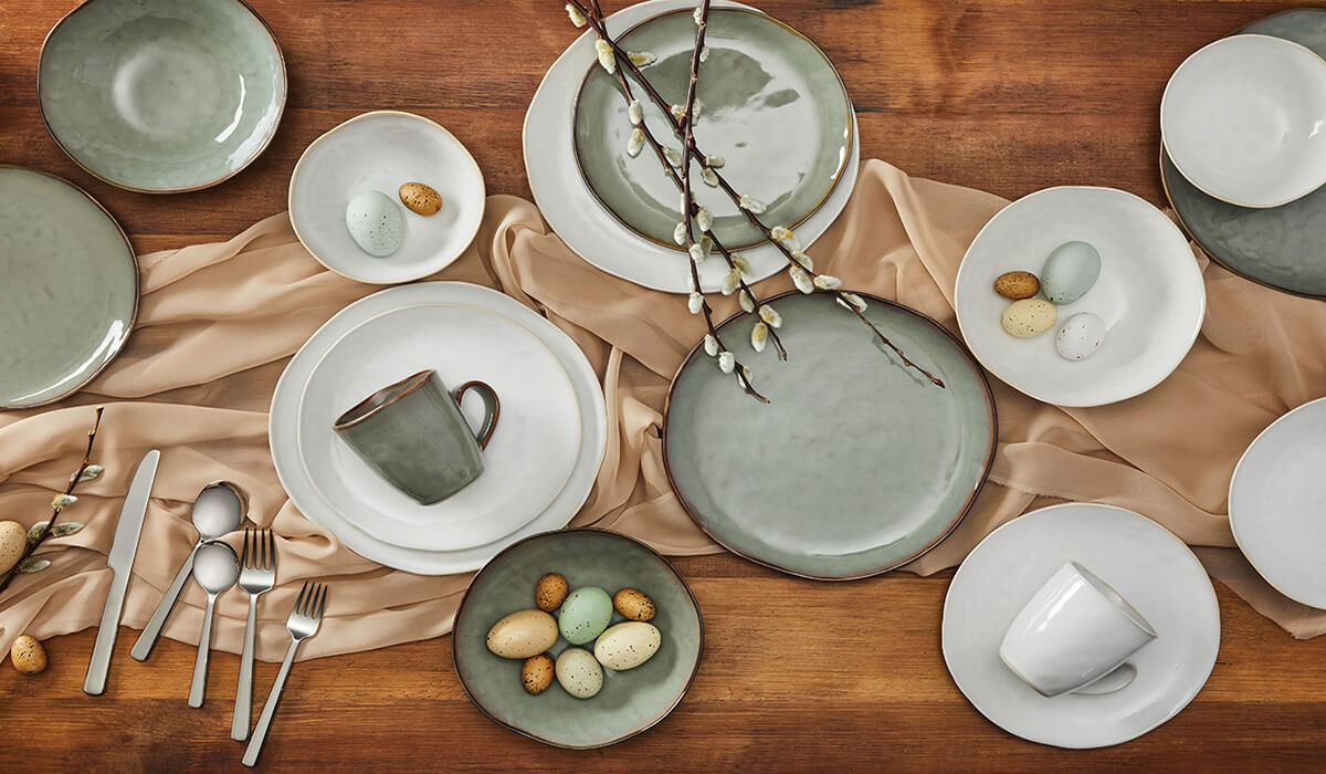 a spring table setting using our beautiful moss green and alabaster ivory burlington dinnerware